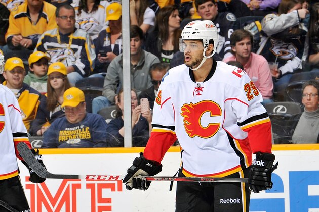 NASHVILLE, TN - APRIL 23:  Akim Aliu #29 of the Calgary Flames skates against the Nashville Predators at the Bridgestone Arena on April 23, 2013 in Nashville, Tennessee.  (Photo by Frederick Breedon/Getty Images)