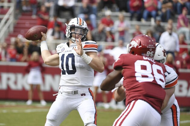 Auburn quarterback Bo Nix against Arkansas during an NCAA college football game, Saturday, Oct. 19, 2019 in Fayetteville, Ark. (AP Photo/Michael Woods) Auburn quarterback Bo Nix against Arkansas during an NCAA college football game, Saturday, Oct. 19, 2019 in Fayetteville, Ark. (AP Photo/Michael Woods)