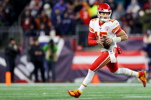 FOXBOROUGH, MASSACHUSETTS - DECEMBER 08: Patrick Mahomes #15 of the Kansas City Chiefs looks for a pass against the New England Patriots at Gillette Stadium on December 08, 2019 in Foxborough, Massachusetts. (Photo by Maddie Meyer/Getty Images)