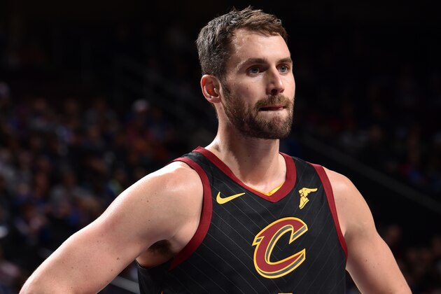 PHILADELPHIA, PA - DECEMBER 7: Kevin Love #0 of the Cleveland Cavaliers looks on during the game against the Philadelphia 76ers on December 7, 2019 at the Wells Fargo Center in Philadelphia, Pennsylvania NOTE TO USER: User expressly acknowledges and agrees that, by downloading and/or using this Photograph, user is consenting to the terms and conditions of the Getty Images License Agreement. Mandatory Copyright Notice: Copyright 2019 NBAE (Photo by David Dow/NBAE via Getty Images)