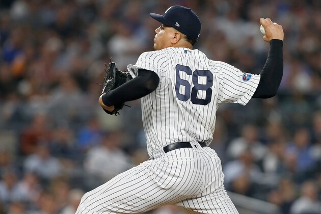 NEW YORK, NY - OCTOBER 09:  (NEW YORK DAILIES OUT)   Dellin Betances #68 of the New York Yankees in action against the Boston Red Sox in Game Four of the American League Division Series at Yankee Stadium on October 9, 2018 in the Bronx borough of New York City. The Red Sox defeated the Yankees  4-3.  (Photo by Jim McIsaac/Getty Images)