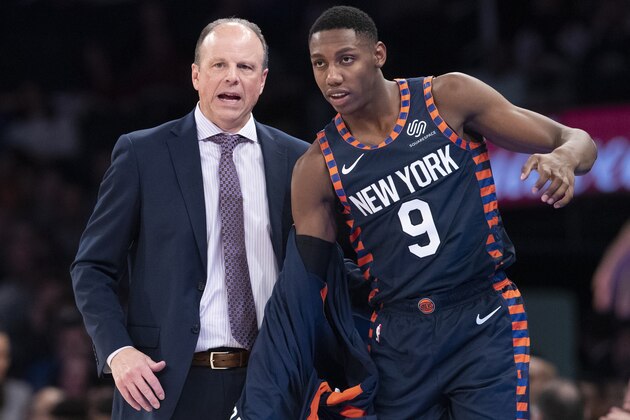 New York Knicks interim head coach Mike Miller gives forward RJ Barrett (9) instructions as he enters the game in the first half of an NBA basketball game against the Indiana Pacers, Saturday, Dec. 7, 2019, at Madison Square Garden in New York. (AP Photo/Mary Altaffer)