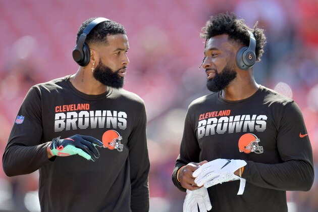 CLEVELAND, OHIO - SEPTEMBER 08: Wide receivers wide receiver Odell Beckham #13 and Jarvis Landry #80 of the Cleveland Browns talk during warmups prior to the game against the Tennessee Titans at FirstEnergy Stadium on September 08, 2019 in Cleveland, Ohio. (Photo by Jason Miller/Getty Images)