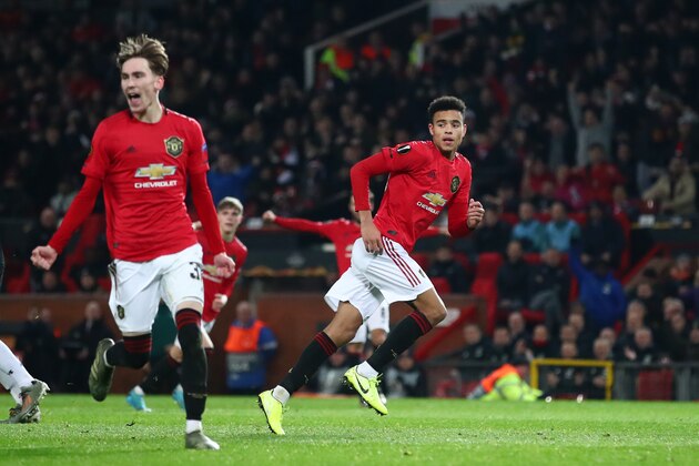 MANCHESTER, ENGLAND - DECEMBER 12: Mason Greenwood of Manchester United celebrates after scoring his team's second goal during the UEFA Europa League group L match between Manchester United and AZ Alkmaar at Old Trafford on December 12, 2019 in Manchester, United Kingdom. (Photo by Clive Brunskill/Getty Images)