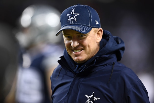 CHICAGO, ILLINOIS - DECEMBER 05:  Head coach Jason Garrett of the Dallas Cowboys watches action during warmups prior to a game against the Chicago Bears at Soldier Field on December 05, 2019 in Chicago, Illinois.  The Bears defeated the Cowboys 31-24.  (Photo by Stacy Revere/Getty Images)