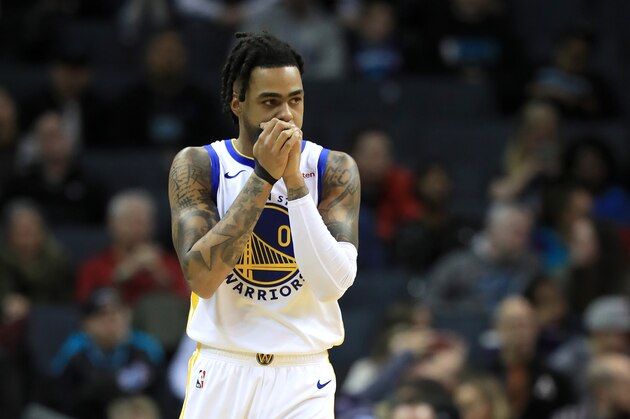 CHARLOTTE, NORTH CAROLINA - DECEMBER 04: D'Angelo Russell #0 of the Golden State Warriors watches on against the Charlotte Hornets during their game at Spectrum Center on December 04, 2019 in Charlotte, North Carolina. NOTE TO USER: User expressly acknowledges and agrees that, by downloading and or using this photograph, User is consenting to the terms and conditions of the Getty Images License Agreement. (Photo by Streeter Lecka/Getty Images)