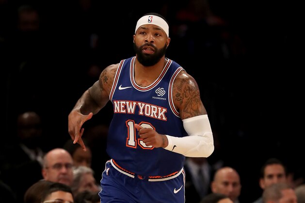 NEW YORK, NEW YORK - DECEMBER 05:  Marcus Morris Sr. #13 of the New York Knicks celebrates his shot in the first half against the Denver Nuggets at Madison Square Garden on December 05, 2019 in New York City. NOTE TO USER: User expressly acknowledges and agrees that, by downloading and or using this photograph, User is consenting to the terms and conditions of the Getty Images License Agreement. (Photo by Elsa/Getty Images)