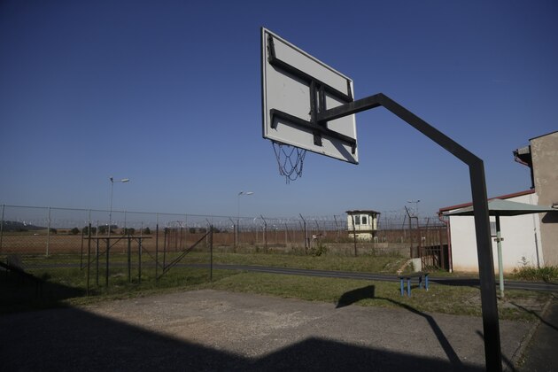 A basketball court is seen at a former prison in Drahonice, Czech Republic, Friday, Oct. 2, 2015. Anticipating a possible influx of migrants in the country, the Czech Republic is turning the prison into a new detention center for up to 240 of them. (AP Photo/Petr David Josek)