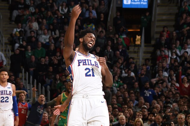 BOSTON, MA - DECEMBER 12: Joel Embiid #21 of the Philadelphia 76ers reacts to play against the Boston Celtics on December 12, 2019 at the TD Garden in Boston, Massachusetts. NOTE TO USER: User expressly acknowledges and agrees that, by downloading and or using this photograph, User is consenting to the terms and conditions of the Getty Images License Agreement. Mandatory Copyright Notice: Copyright 2019 NBAE (Photo by Brian Babineau/NBAE via Getty Images) BOSTON, MA - DECEMBER 12: Joel Embiid #21 of the Philadelphia 76ers reacts to play against the Boston Celtics on December 12, 2019 at the TD Garden in Boston, Massachusetts. NOTE TO USER: User expressly acknowledges and agrees that, by downloading and or using this photograph, User is consenting to the terms and conditions of the Getty Images License Agreement. Mandatory Copyright Notice: Copyright 2019 NBAE (Photo by Brian Babineau/NBAE via Getty Images)