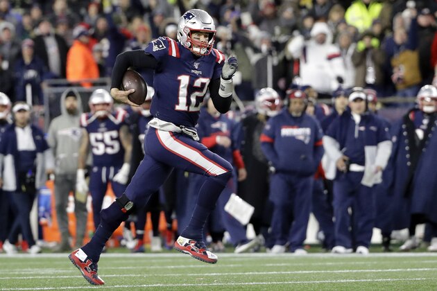 New England Patriots quarterback Tom Brady runs for yardage in the fourth quarter of an NFL football game against the Kansas City Chiefs, Sunday, Dec. 8, 2019, in Foxborough, Mass. (AP Photo/Steven Senne)
