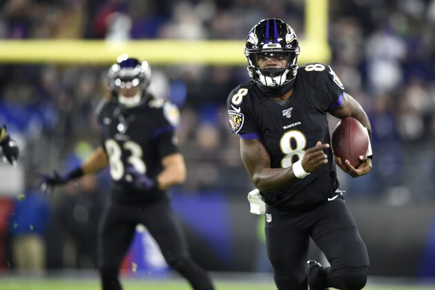 Baltimore Ravens quarterback Lamar Jackson (8) scrambles for yardage against the New York Jets during the first half of an NFL football game, Thursday, Dec. 12, 2019, in Baltimore. (AP Photo/Gail Burton) Baltimore Ravens quarterback Lamar Jackson (8) scrambles for yardage against the New York Jets during the first half of an NFL football game, Thursday, Dec. 12, 2019, in Baltimore. (AP Photo/Gail Burton)