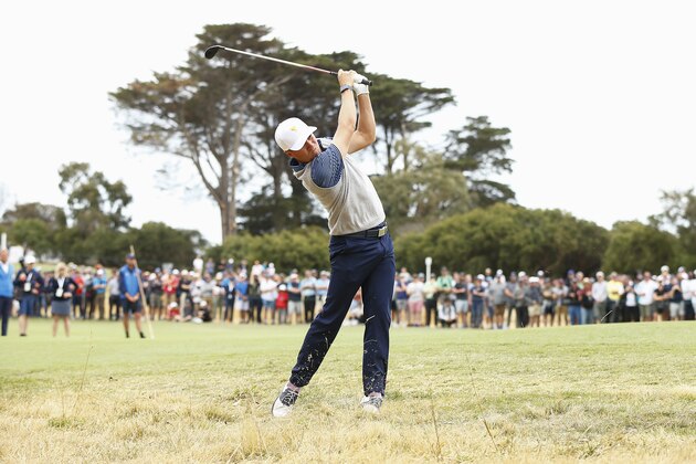 MELBOURNE, AUSTRALIA - DECEMBER 13: Justin Thomas of the United States team plays a shot on the 15th hole during Friday foursome matches on day two of the 2019 Presidents Cup at  Royal Melbourne Golf Course on December 13, 2019 in Melbourne, Australia. (Photo by Daniel Pockett/Getty Images)