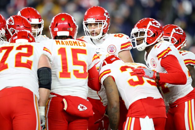FOXBOROUGH, MASSACHUSETTS - DECEMBER 08: Patrick Mahomes #15 of the Kansas City Chiefs talks to Travis Kelce #87 and teammates in the huddle during the game against the New England Patriots at Gillette Stadium on December 08, 2019 in Foxborough, Massachusetts. (Photo by Maddie Meyer/Getty Images)