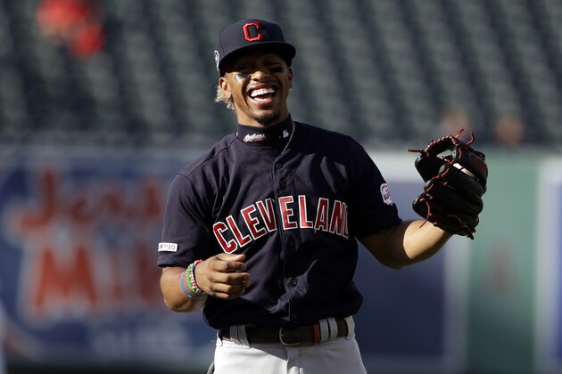 Cleveland Indians shortstop Francisco Lindor warms up before the start of a baseball game against the Los Angeles Angels Wednesday, Sept. 11, 2019, in Anaheim, Calif. (AP Photo/Marcio Jose Sanchez)