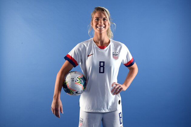 WEST HOLLYWOOD, CALIFORNIA - NOVEMBER 21: Soccer player Julie Ertz poses for a portrait during the Team USA Tokyo 2020 Olympics shoot on November 21, 2019 in West Hollywood, California. (Photo by Harry How/Getty Images)