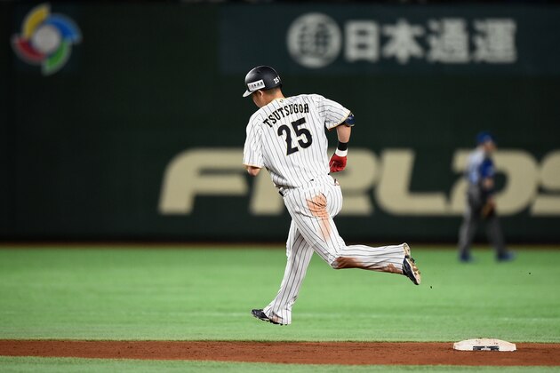 TOKYO, JAPAN - MARCH 15:  Outfielder Yoshitomo Tsutsugoh #25 of Japan runs after hitting a solo homerun to make it 0-1 in the bottom of the sixth inning during the World Baseball Classic Pool E Game Six between Israel and Japan at the Tokyo Dome on March 15, 2017 in Tokyo, Japan.  (Photo by Matt Roberts/Getty Images)