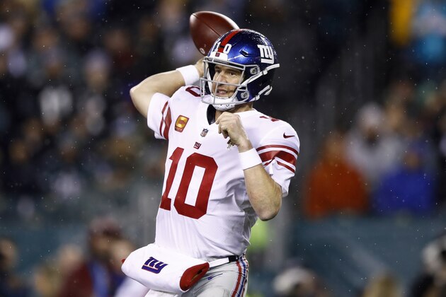 New York Giants' Eli Manning passes during the second half of an NFL football game against the Philadelphia Eagles, Monday, Dec. 9, 2019, in Philadelphia. (AP Photo/Matt Rourke)