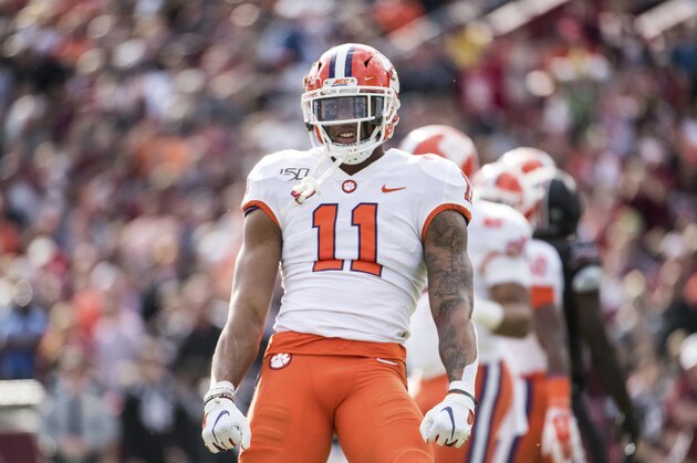 Clemson linebacker Isaiah Simmons (11) celebrates a stop against South Carolina during an NCAA college football game Saturday, Nov. 30, 2019, in Columbia, S.C. Clemson defeated South Carolina 38-3. (AP Photo/Sean Rayford)