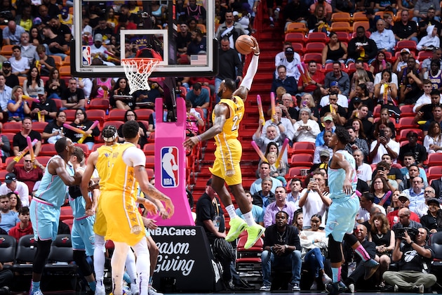 MIAMI, FL - DECEMBER 13: LeBron James #23 of the Los Angeles Lakers goes up for a dunk during a game against the Miami Heat on December 13, 2019 at the American Airlines Arena in Miami, Florida. NOTE TO USER: User expressly acknowledges and agrees that, by downloading and or using this photograph, User is consenting to the terms and conditions of the Getty Images License Agreement. Mandatory Copyright Notice: Copyright 2019 NBAE (Photo by Brian Babineau/NBAE via Getty Images)