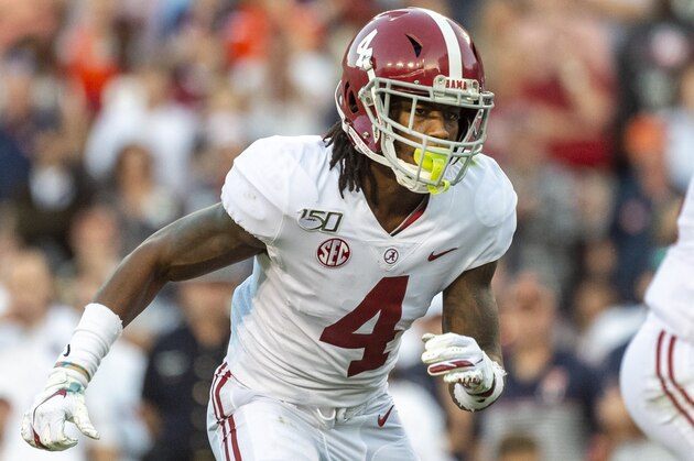 Alabama wide receiver Jerry Jeudy (4) during the first half of an NCAA college football game, Saturday, Nov. 30, 2019, in Auburn, Ala. (AP Photo/Vasha Hunt)
