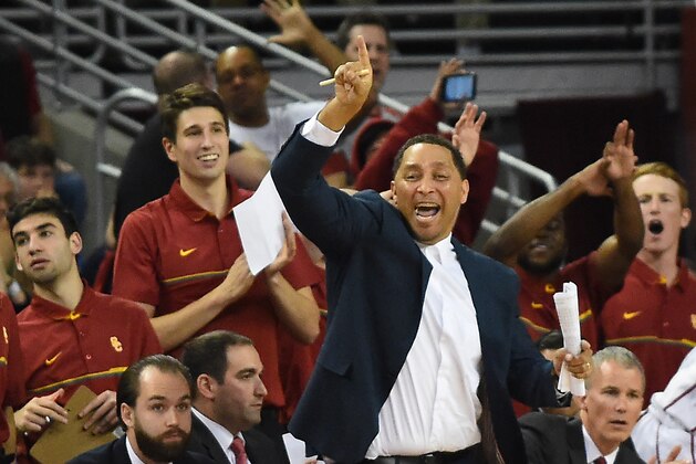 LOS ANGELES, CA - JANUARY 25:  Assistant Coach Tony Bland of the USC Trojans cheers on the batch during the game against the UCLA Bruins at Galen Center on January 25, 2017 in Los Angeles, California.  (Photo by Jayne Kamin-Oncea/Getty Images)