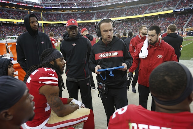 SANTA CLARA, CA - DECEMBER 16: Defensive Backs Coach Jeff Hafley of the San Francisco 49ers talks with the defensive backs on the sideline during the game against the Seattle Seahawks at Levi's Stadium on December 16, 2018 in Santa Clara, California. The 49ers defeated the Seahawks 26-23. (Photo by Michael Zagaris/San Francisco 49ers/Getty Images)