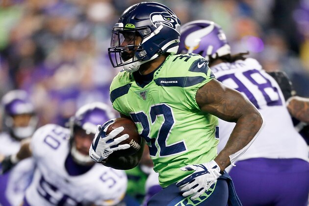 SEATTLE, WASHINGTON - DECEMBER 02: Running back Chris Carson #32 of the Seattle Seahawks carries the ball during the game against the Minnesota Vikings at CenturyLink Field on December 02, 2019 in Seattle, Washington. (Photo by Otto Greule Jr/Getty Images) SEATTLE, WASHINGTON - DECEMBER 02: Running back Chris Carson #32 of the Seattle Seahawks carries the ball during the game against the Minnesota Vikings at CenturyLink Field on December 02, 2019 in Seattle, Washington. (Photo by Otto Greule Jr/Getty Images)