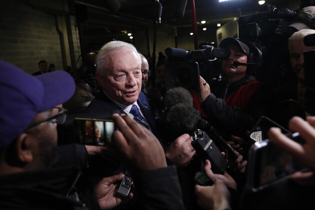 Dallas Cowboys' owner Jerry Jones speaks with the media following an NFL football game between the Chicago Bears and the Dallas Cowboys, Thursday, Dec. 5, 2019, in Chicago. Chicago won 31-24. (AP Photo/Charles Rex Arbogast)