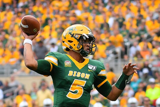 MINNEAPOLIS, MINNESOTA - AUGUST 31:  Quarterback Trey Lance #5 of the North Dakota State Bison passes against the Butler Bulldogs during their game at Target Field on August 31, 2019 in Minneapolis, Minnesota.  (Photo by Sam Wasson/Getty Images)