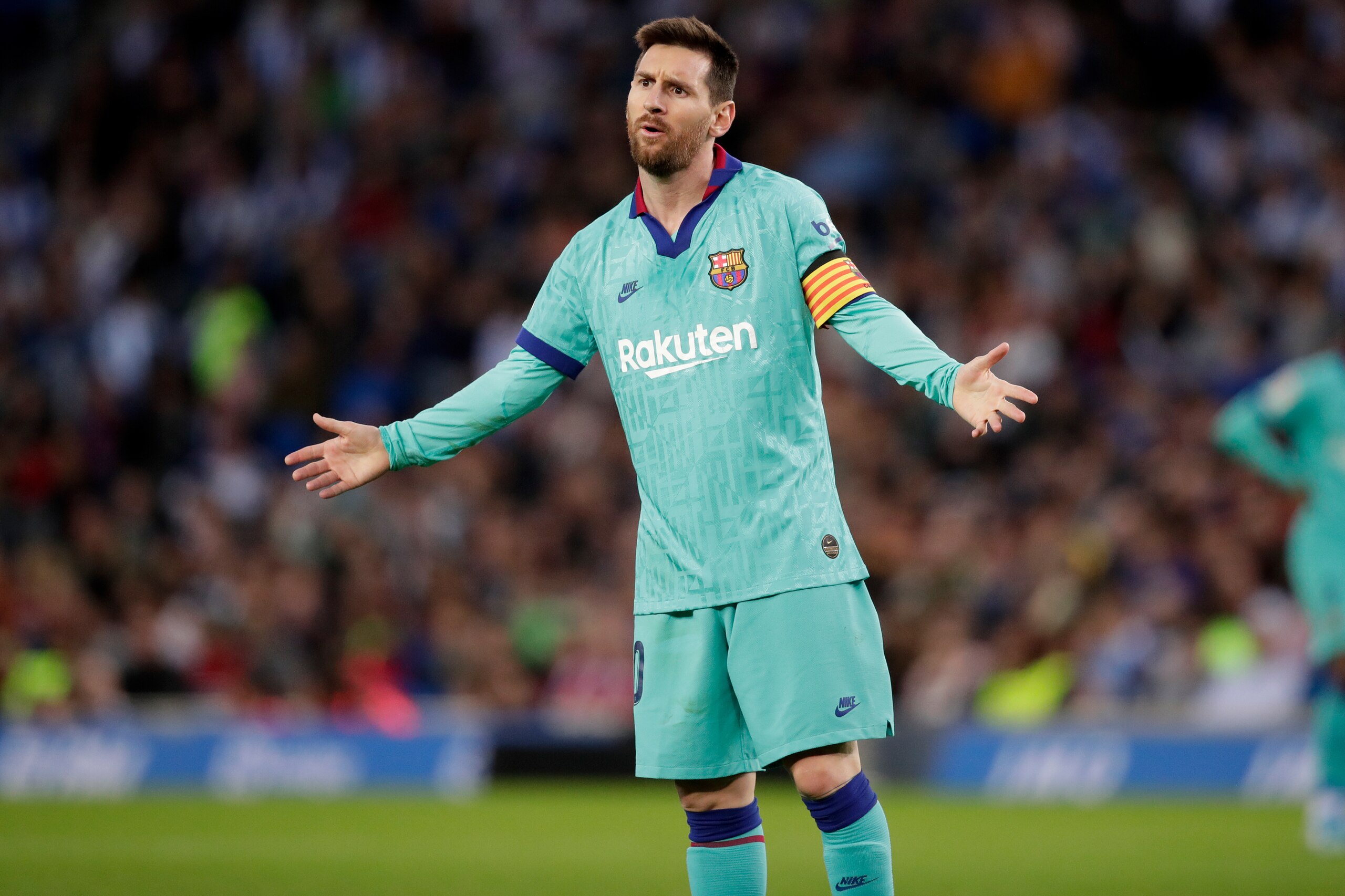 SAN SEBASTIAN, SPAIN - DECEMBER 14: Lionel Messi of FC Barcelona  during the La Liga Santander  match between Real Sociedad v FC Barcelona at the Estadio Anoeta on December 14, 2019 in San Sebastian Spain (Photo by David S. Bustamante/Soccrates/Getty Images)