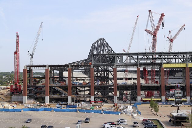 A view of construction in progress at the new home of the Texas Rangers, Globe Life Field, is shown before a baseball game against the Cleveland Indians in Arlington, Texas, Wednesday, June 19, 2019. The new venue, which is scheduled to be completed before the start of the 2020 season, sits across the street from the current park, Globe Life Park. (AP Photo/Tony Gutierrez)
