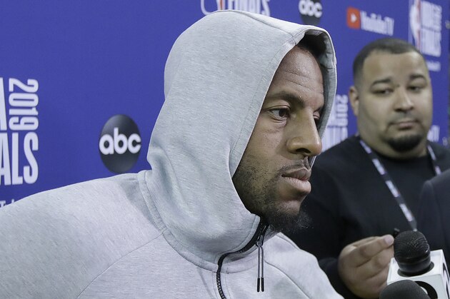 Golden State Warriors forward Andre Iguodala speaks with reporters after a team practice in Oakland, Calif., Wednesday, June 12, 2019. The Warriors are scheduled to play the Toronto Raptors in Game 6 of basketball's NBA Finals on Thursday. (AP Photo/Jeff Chiu)
