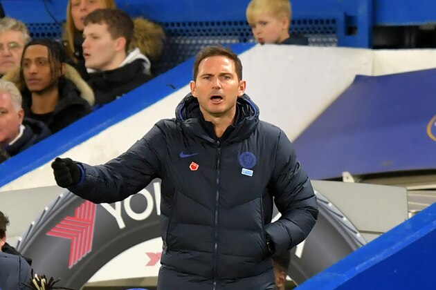 Chelsea's English head coach Frank Lampard gestures during the English Premier League football match between Chelsea and Bournemouth at Stamford Bridge in London on December 14, 2019. (Photo by OLLY GREENWOOD / AFP) / RESTRICTED TO EDITORIAL USE. No use with unauthorized audio, video, data, fixture lists, club/league logos or 'live' services. Online in-match use limited to 120 images. An additional 40 images may be used in extra time. No video emulation. Social media in-match use limited to 120 images. An additional 40 images may be used in extra time. No use in betting publications, games or single club/league/player publications. /  (Photo by OLLY GREENWOOD/AFP via Getty Images)