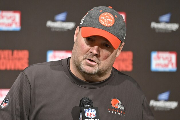 Cleveland Browns head coach Freddie Kitchens answers questions after an NFL football game against the Cincinnati Bengals, Sunday, Dec. 8, 2019, in Cleveland. The Browns won 27-19. (AP Photo/David Richard)