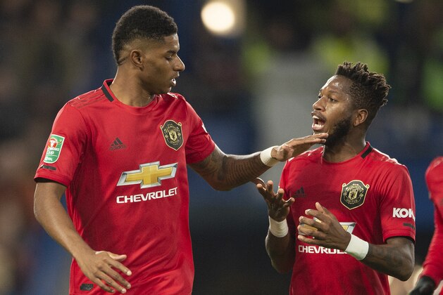 LONDON, ENGLAND - OCTOBER 30: Marcus Rashford of Manchester United celebrates with Fred after scoring his first goal during the Carabao Cup Round of 16 match between Chelsea and Manchester United at Stamford Bridge on October 30, 2019 in London, England. (Photo by Visionhaus)
