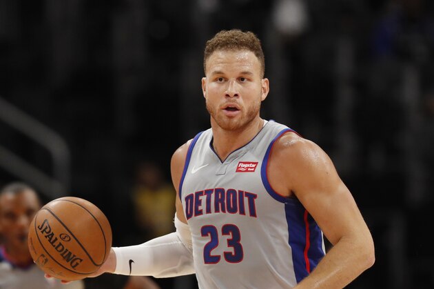Detroit Pistons forward Blake Griffin brings the ball up court during the first half of an NBA basketball game, Monday, Nov. 25, 2019, in Detroit. (AP Photo/Carlos Osorio)