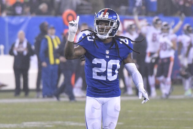 New York Giants cornerback Janoris Jenkins gestures after breaking up a pass on the final play of overtime of an NFL football game against the Chicago Bears, Sunday, Dec. 2, 2018, in East Rutherford, N.J. The Giants won 30-27 in overtime. (AP Photo/Bill Kostroun)