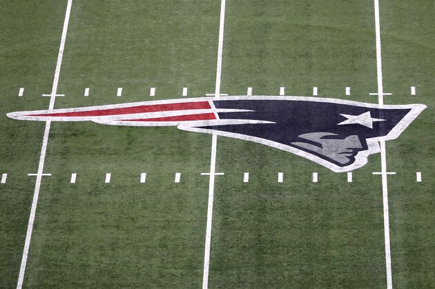 FOXBOROUGH, MASSACHUSETTS - SEPTEMBER 08: A detail of the New England Patriots logo on the field during the game between the New England Patriots and the Pittsburgh Steelers at Gillette Stadium on September 08, 2019 in Foxborough, Massachusetts. (Photo by Adam Glanzman/Getty Images)