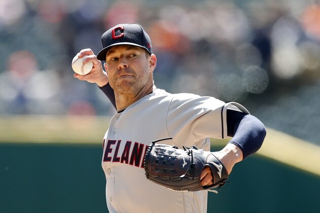 FILE - In this Tuesday, April 9, 2019 file photo, Cleveland Indians starting pitcher Corey Kluber throws during the first inning of a baseball game against the Detroit Tigers in Detroit. Indians ace Corey Kluber has been shut down for two weeks with an abdominal strain, an injury sustained during his comeback from a broken arm. Kluber was pulled from a minor league start for Triple-A Columbus on Sunday, Aug. 18, 2019 after one inning with abdominal tightness. (AP Photo/Carlos Osorio, File)
