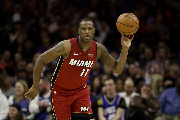 Miami Heat's Dion Waiters in action during an NBA basketball game against the Philadelphia 76ers, Thursday, Feb. 21, 2019, in Philadelphia. (AP Photo/Matt Slocum)