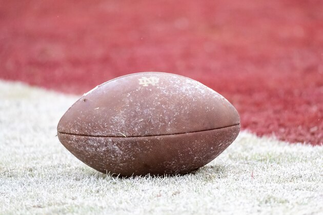 PALO ALTO, CA - NOVEMBER 30: A close up view of a football on the field in Stanford Stadium prior to an NCAA football game between the Notre Dame Fighting Irish and the Stanford Cardinal on November 30, 2019 in Palo Alto, California. (Photo by David Madison/Getty Images) PALO ALTO, CA - NOVEMBER 30: A close up view of a football on the field in Stanford Stadium prior to an NCAA football game between the Notre Dame Fighting Irish and the Stanford Cardinal on November 30, 2019 in Palo Alto, California. (Photo by David Madison/Getty Images)