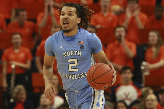 North Carolina guard Cole Anthony (2) drives down court during the first half of an NCAA college basketball game in Charlottesville, Va., Sunday, Dec. 8, 2019. Virginia defeated North Carolina 56-47. (AP Photo/Steve Helber)