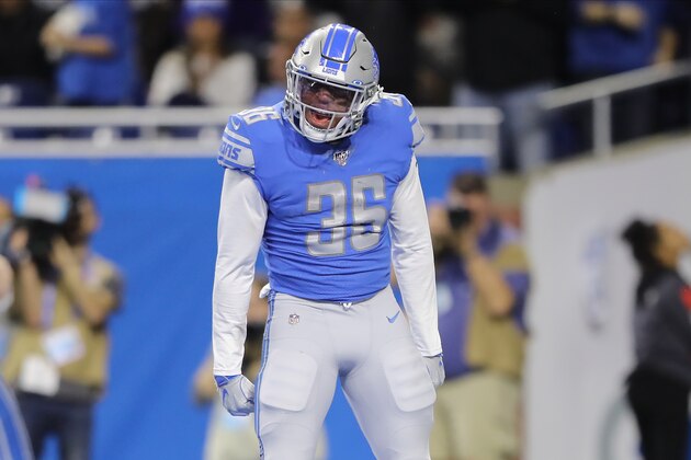 DETROIT, MI - DECEMBER 15: Wes Hills #43 of the Detroit Lions celebrates his touchdown in the fourth quarter against the Tampa Bay Buccaneers at Ford Field on December 15, 2019 in Detroit, Michigan. (Photo by Rey Del Rio/Getty Images)