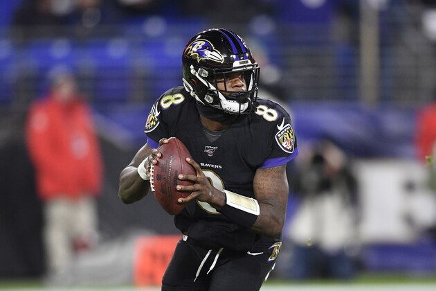 Baltimore Ravens quarterback Lamar Jackson (8) looks to pass during the second half of an NFL football game against the New York Jets, Thursday, Dec. 12, 2019, in Baltimore. (AP Photo/Nick Wass)