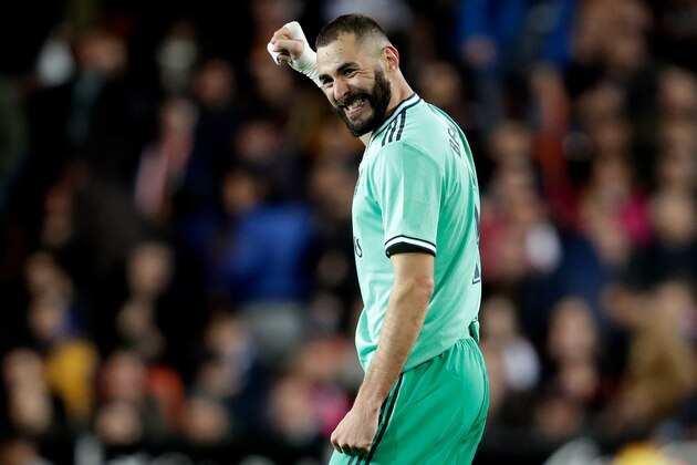 VALENCIA, SPAIN - DECEMBER 15: Karim Benzema of Real Madrid celebrate 1-1 during the La Liga Santander  match between Valencia v Real Madrid at the Estadio de Mestalla on December 15, 2019 in Valencia Spain (Photo by David S. Bustamante/Soccrates/Getty Images)