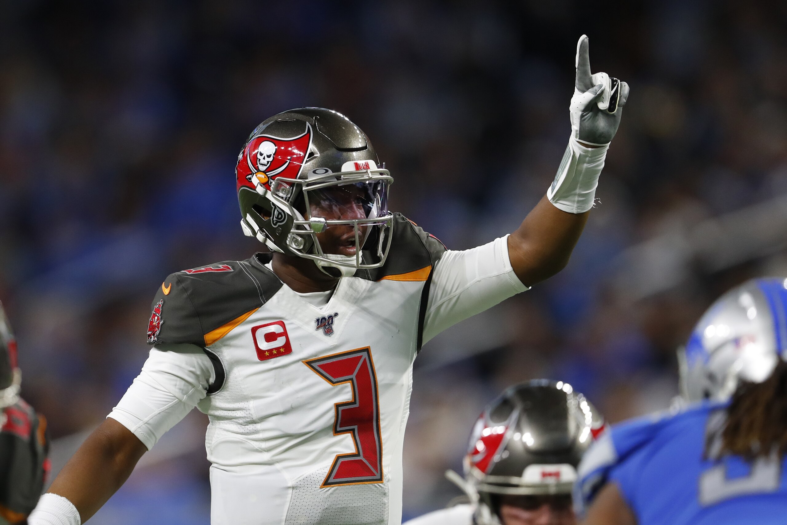 Tampa Bay Buccaneers quarterback Jameis Winston signals during the first half of an NFL football game against the Detroit Lions, Sunday, Dec. 15, 2019, in Detroit. (AP Photo/Paul Sancya)