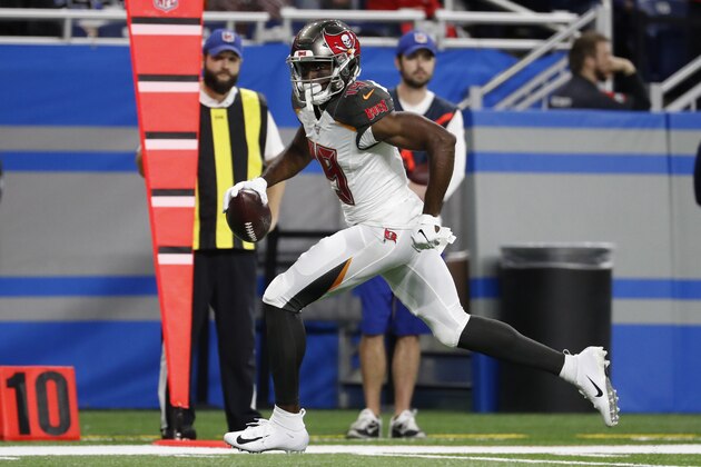Tampa Bay Buccaneers wide receiver Breshad Perriman runs for a touchdown during the first half of an NFL football game against the Detroit Lions, Sunday, Dec. 15, 2019, in Detroit. (AP Photo/Rick Osentoski)
