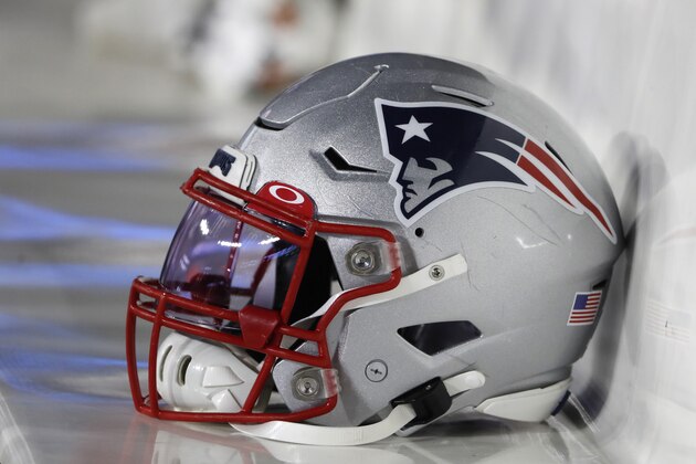 A New England Patriots helmet is seen on the bench during an NFL football game between the New England Patriots and the New York Giants, Thursday, Oct. 10, 2019 in Foxborough, Mass. (Winslow Townson/AP Images for Panini)