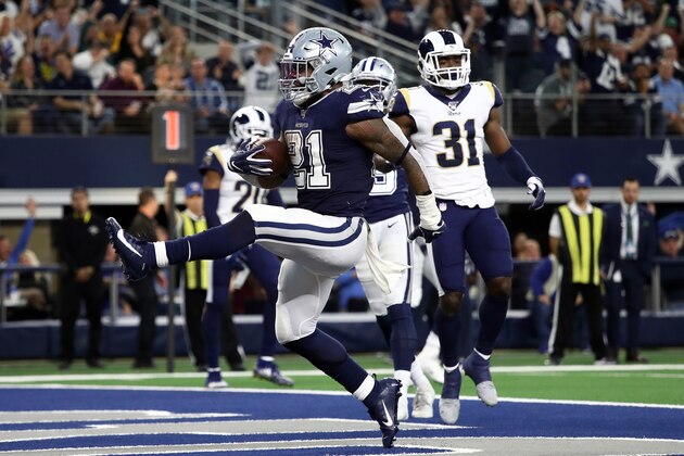 ARLINGTON, TEXAS - DECEMBER 15:  Ezekiel Elliott #21 of the Dallas Cowboys runs for a touchdown against the Los Angeles Rams in the second quarter at AT&T Stadium on December 15, 2019 in Arlington, Texas. (Photo by Ronald Martinez/Getty Images)