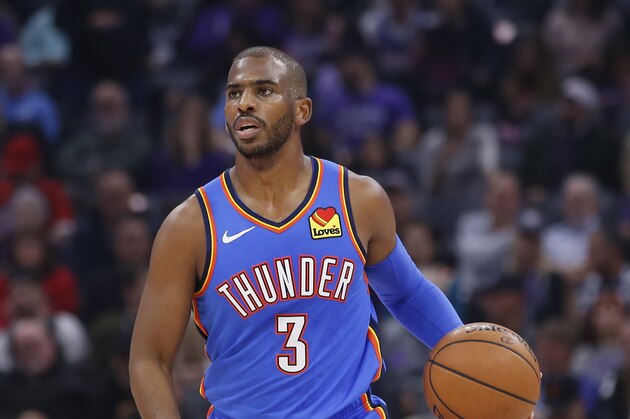 Oklahoma City Thunder guard Chris Paul during the first quarter of an NBA basketball game against the Sacramento Kings in Sacramento, Calif., Wednesday, Dec. 11, 2019. The Kings won 94-93. (AP Photo/Rich Pedroncelli)